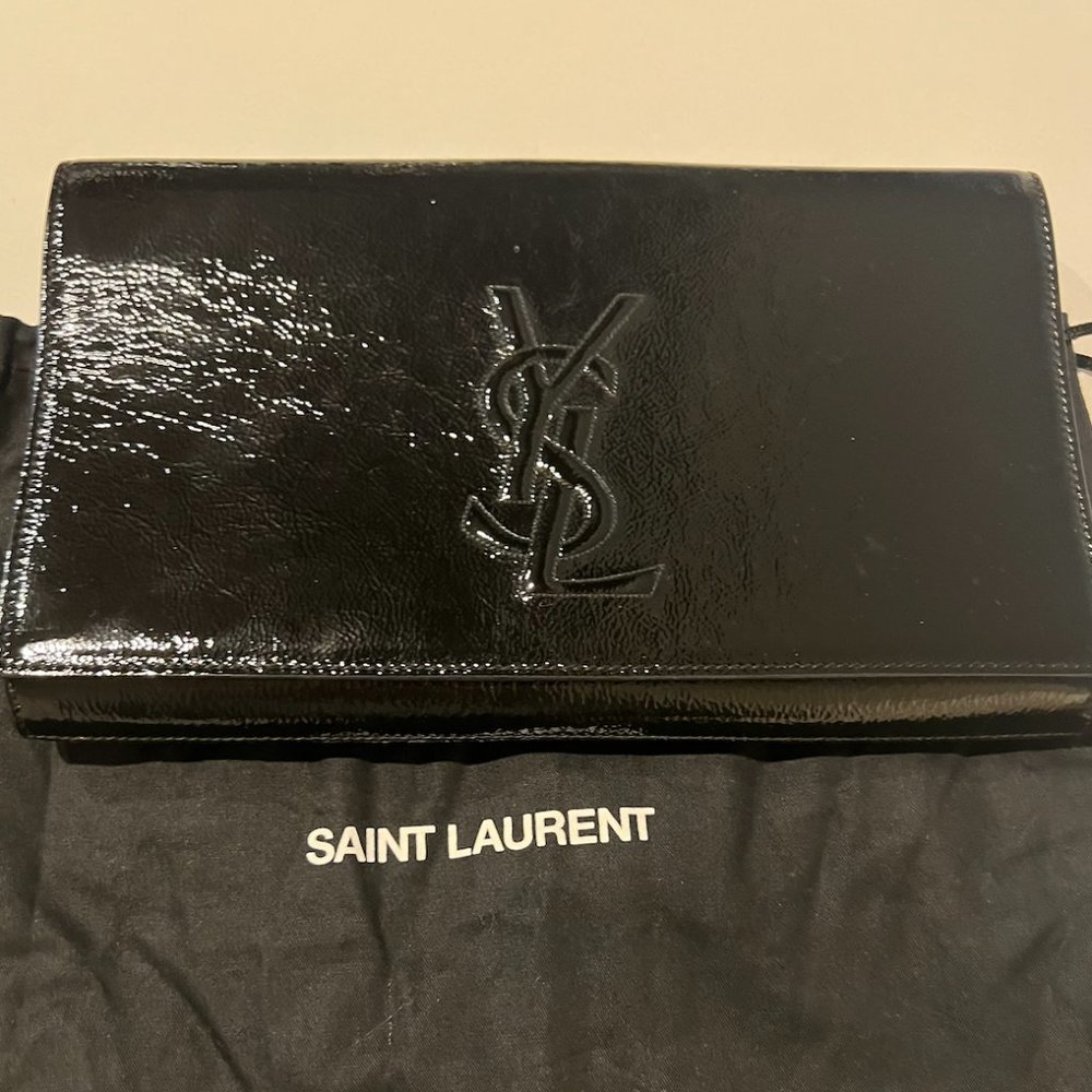 Yves Saint Laurent YSL black patent leather clutch envelope pouch large